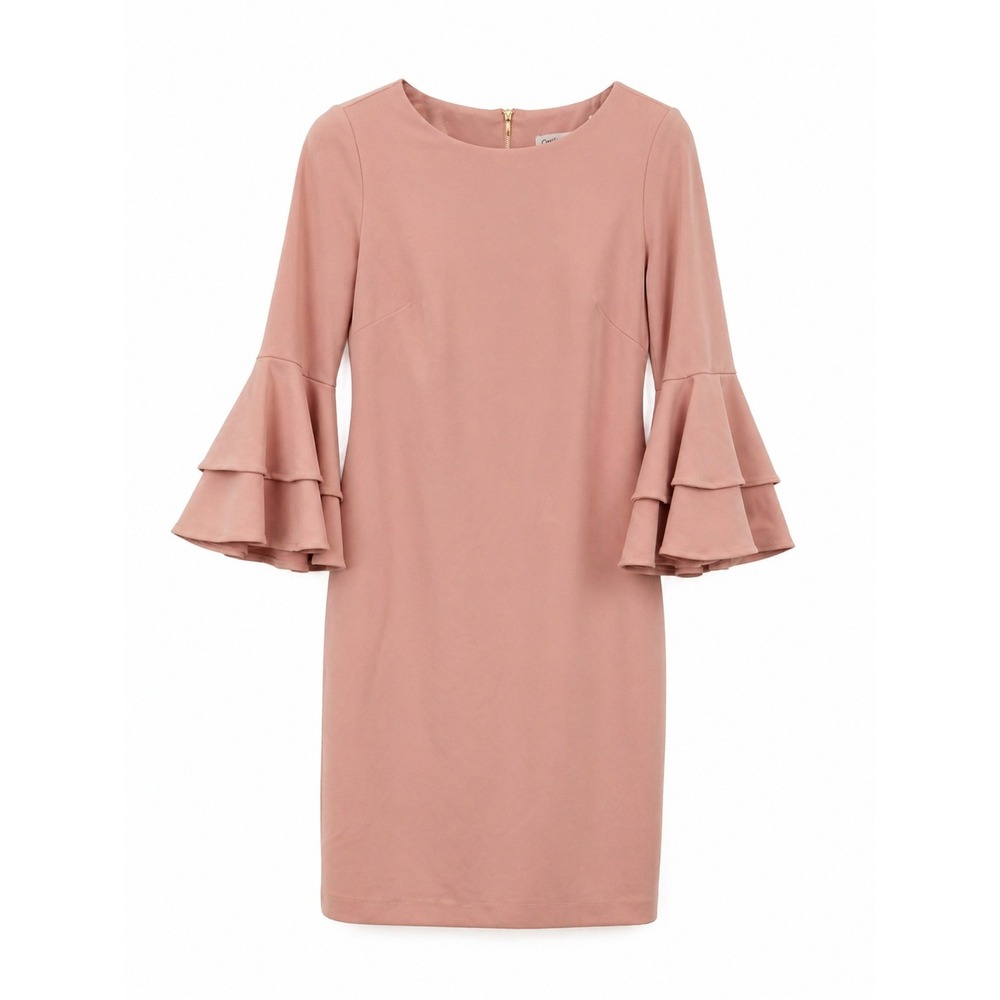 Calvin Klein Blush Pink Ruffle Sleeve Sheath Dress Size 6 Elegant Knee-Length